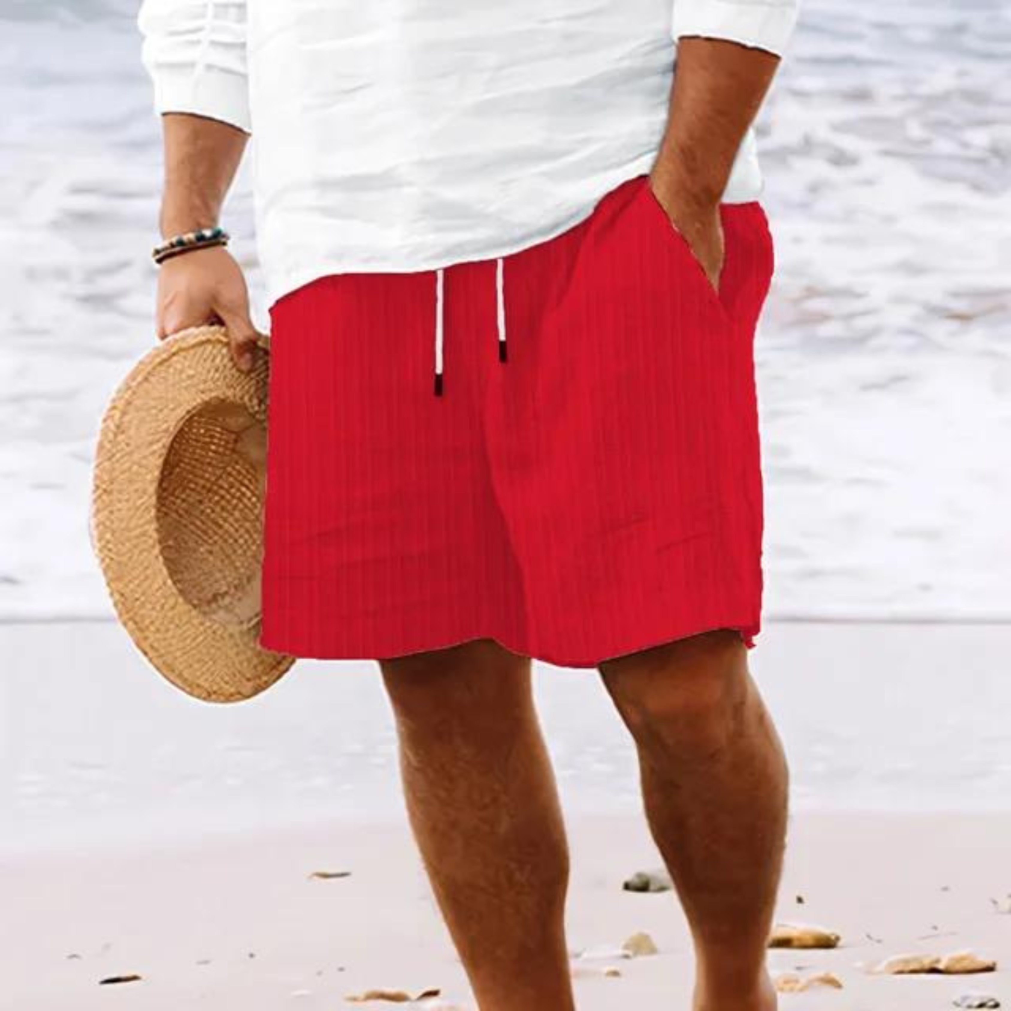 Werner Weiss Gestreifte Leinenoptik Shorts für Herren | Elastischer Bund Casual Fit | Strand und Freizeit - S-3XL