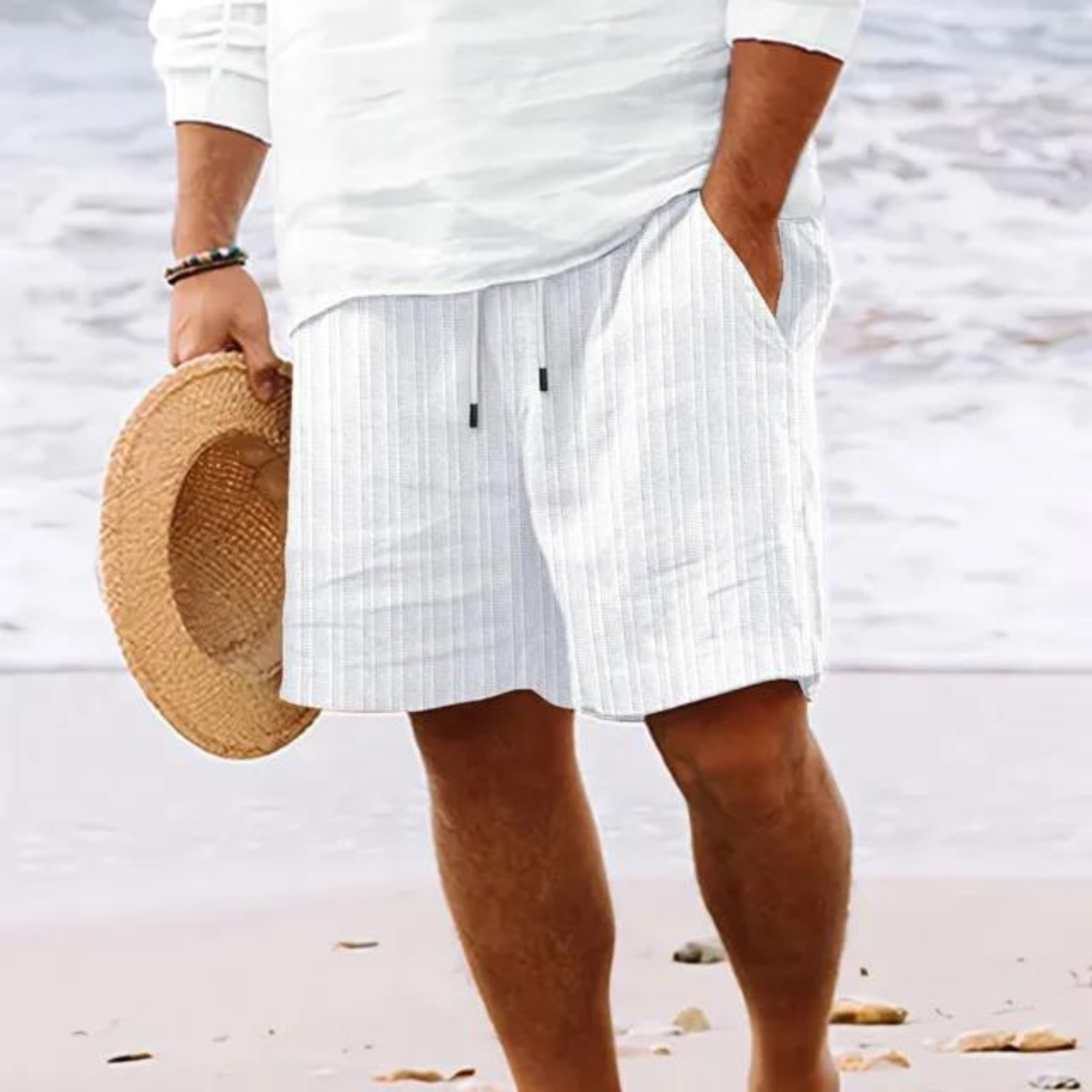 Werner Weiss Gestreifte Leinenoptik Shorts für Herren | Elastischer Bund Casual Fit | Strand und Freizeit - S-3XL