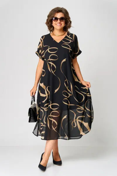 Rosemarie Schwarz Gold-Print Chiffon Midikleid für Damen | Fliessend Elegant | Curvy Plus Size - S/M/L/XL/2XL
