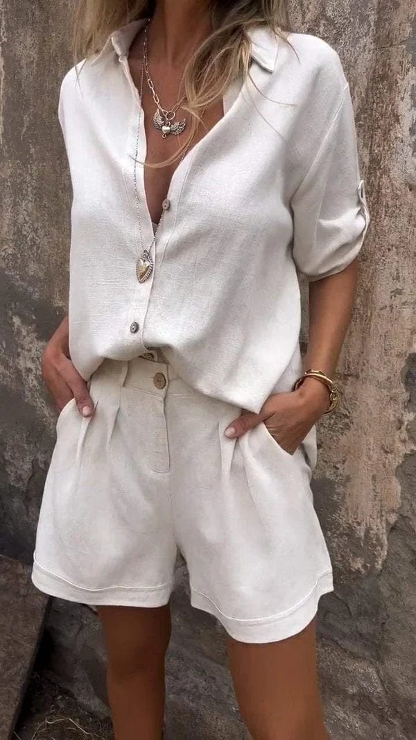 Claudia Weiss Leinenhemd und Shorts Set für Damen | Luftig Lässiger Sommerstil | Urlaub und Alltag | Atmungsaktives Leinen - S-5XL