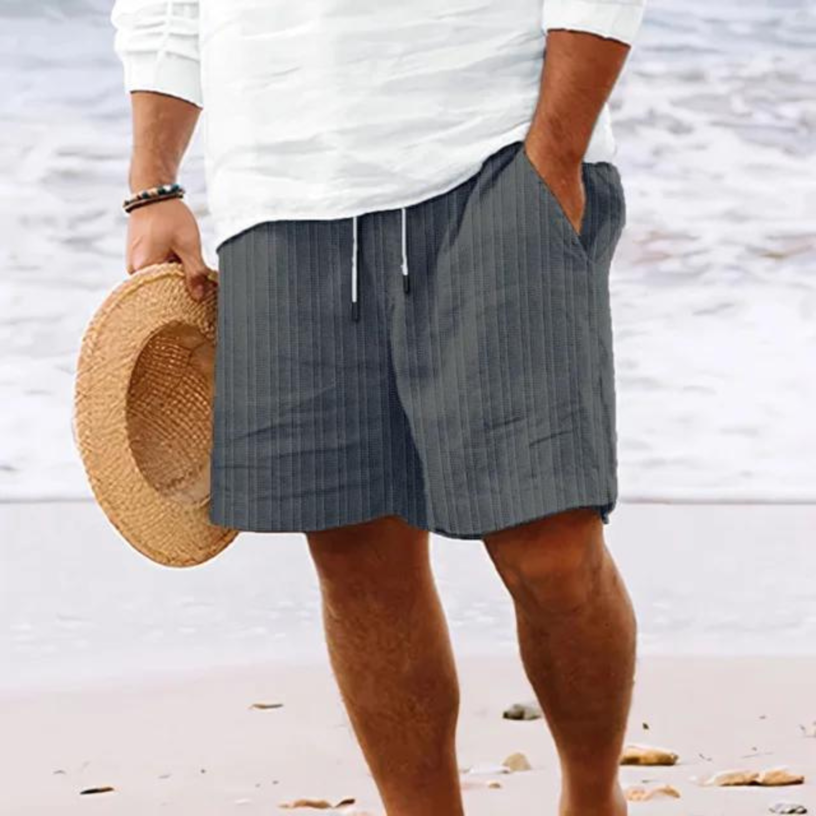 Werner Weiss Gestreifte Leinenoptik Shorts für Herren | Elastischer Bund Casual Fit | Strand und Freizeit - S-3XL