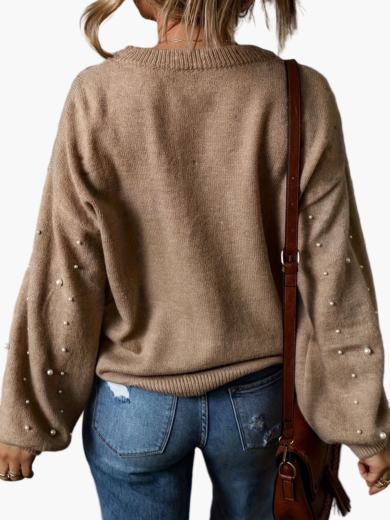 Vreni Khaki Pullover mit Perlenbesatz für Damen | Rundhals Strickpullover Elegant Casual - S/M/L/XL/2XL
