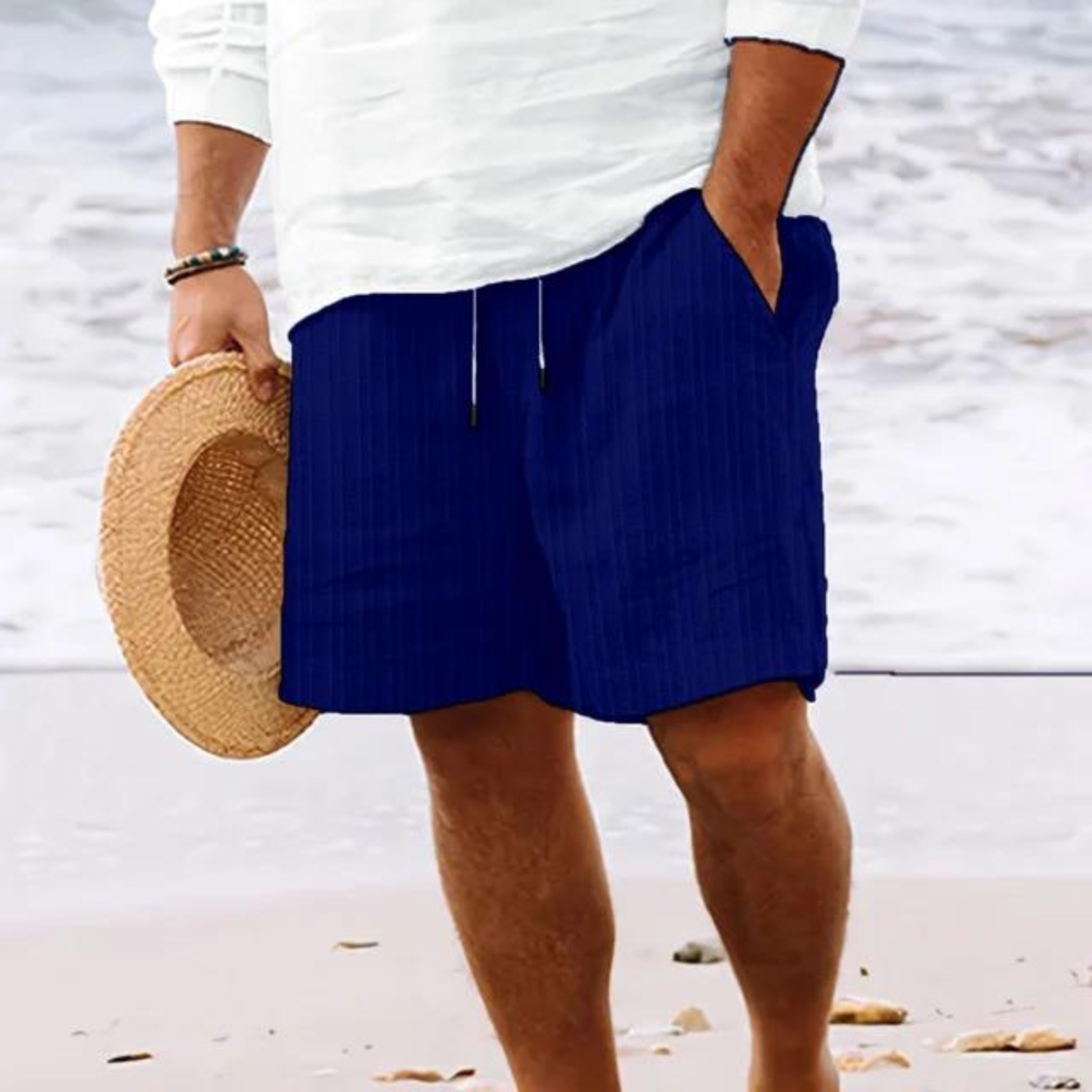 Werner Weiss Gestreifte Leinenoptik Shorts für Herren | Elastischer Bund Casual Fit | Strand und Freizeit - S-3XL