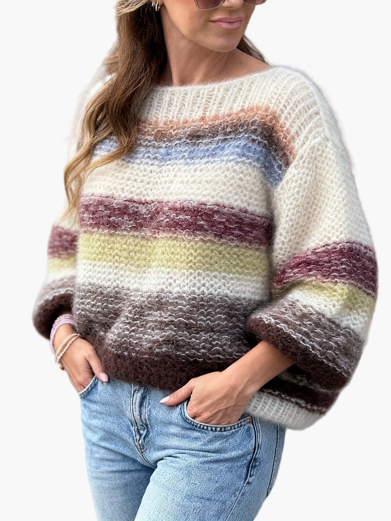 Nora Mehrfarbig Gestreifter Oversized Strickpullover für Damen | Herbst Winter Casual Stil - S/M/L