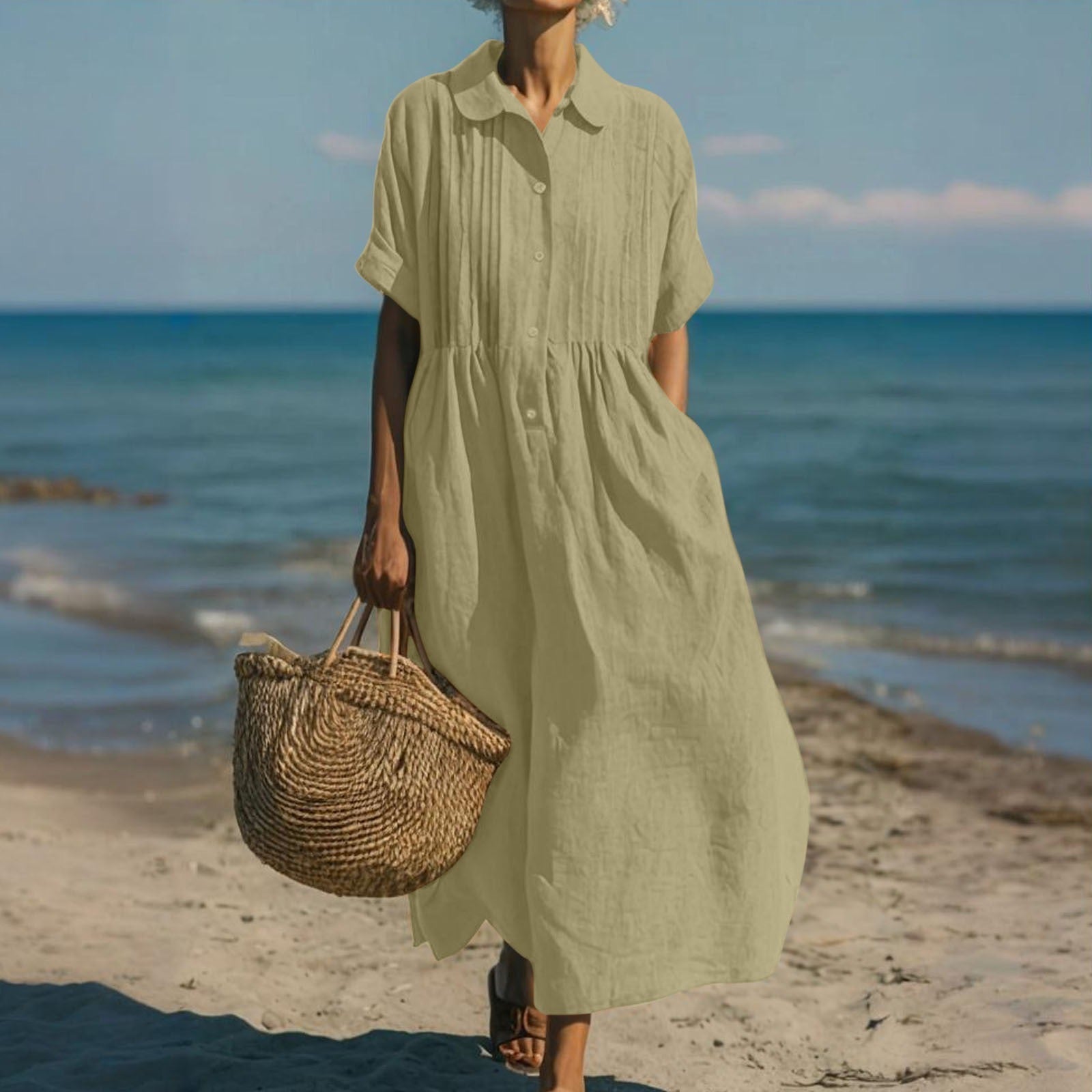Lotte Weiss Pintuck Kragen Knopf Maxikleid für Damen | Luftig Fliessende Passform | Strand und Alltag - S-2XL