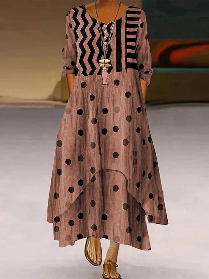 Rosemarie Braun Polka Dot Zigzag Langarm Maxikleid für Damen | Fliessend Bequem | Alltag und Reisen - S-2XL