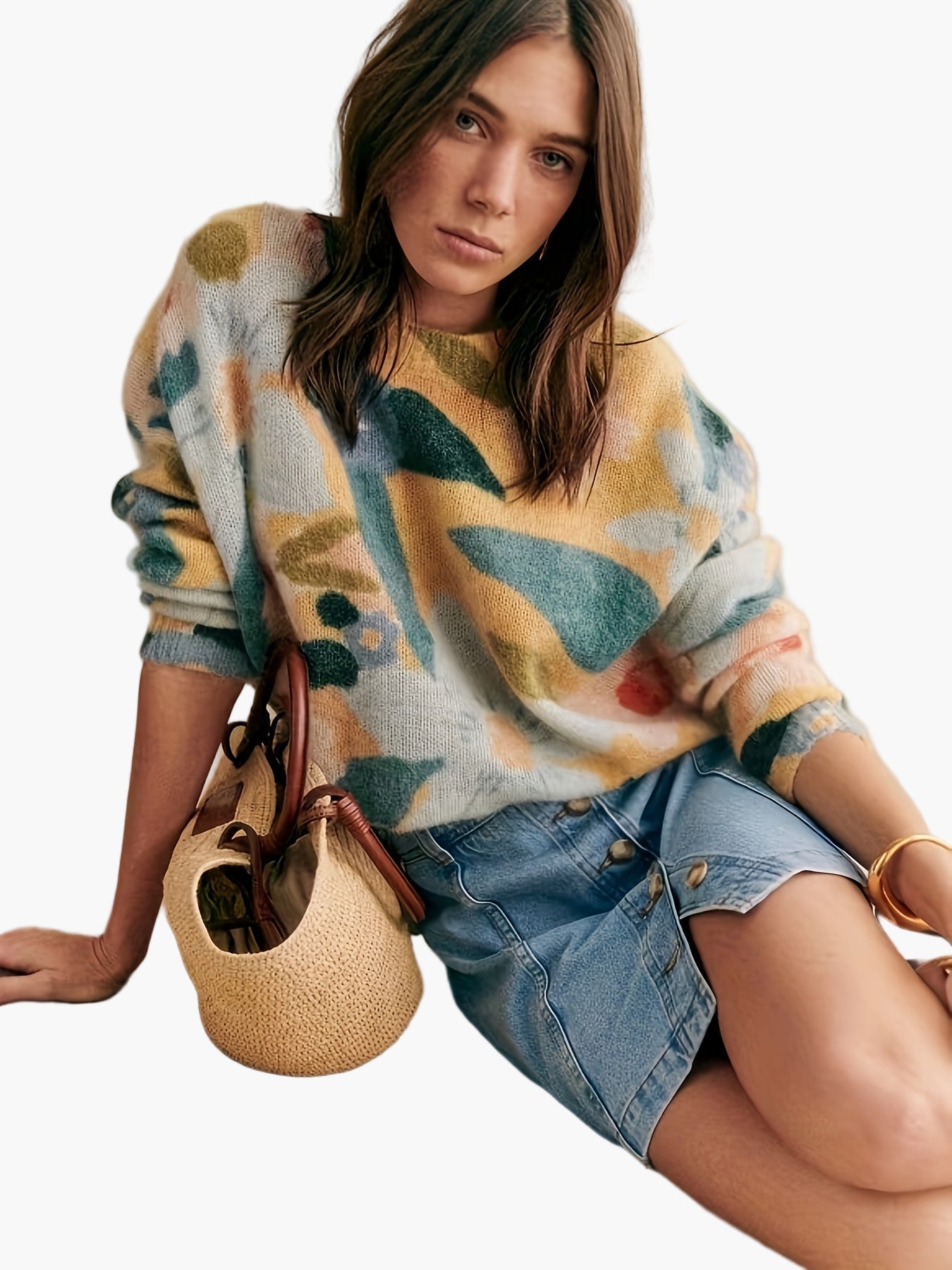 Margret Mehrfarbig Geblümter Strickpullover für Damen | Abstraktes Muster Herbst Winter Casual - S/M/L/XL
