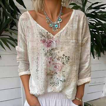 Monika Beige Vintage Rosen V-Neck Langarmshirt für Damen | Leichter Leinenoptik-Stil | Boho - S-5XL