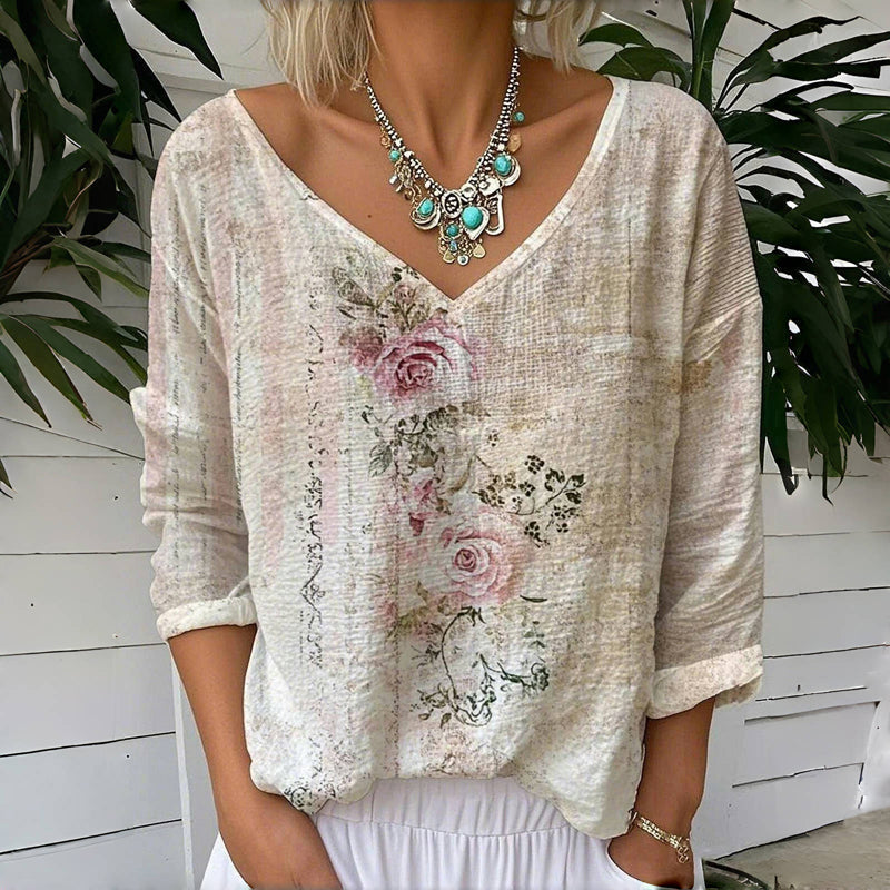 Monika Beige Vintage Rosen V-Neck Langarmshirt für Damen | Leichter Leinenoptik-Stil | Boho - S-5XL