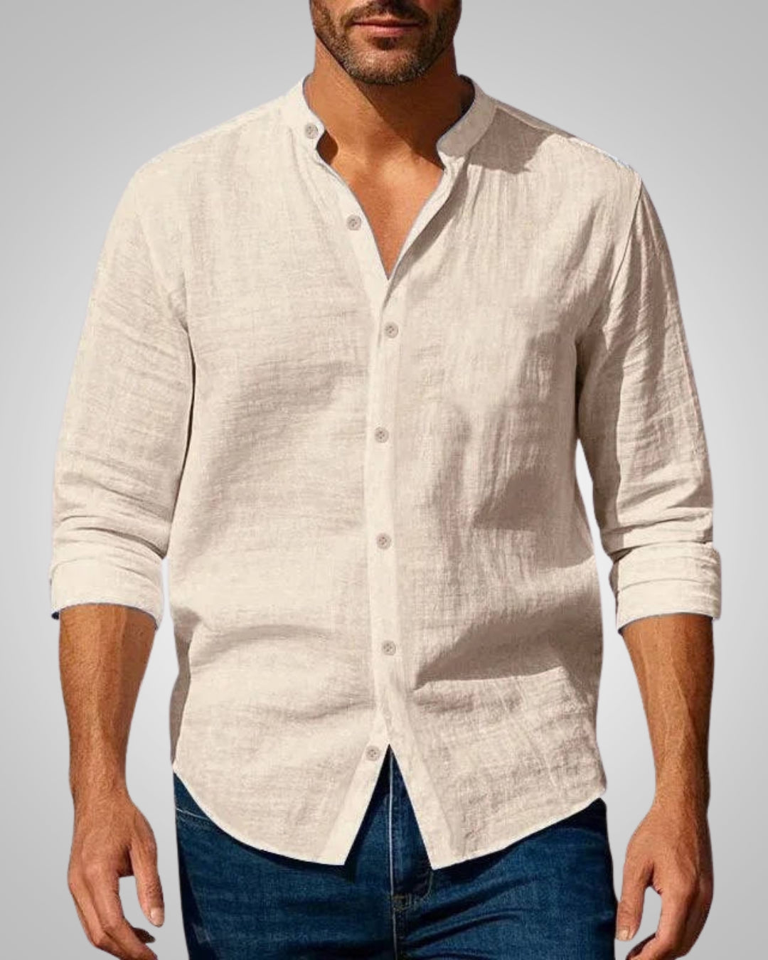 Heinz Grau Stehkragen Slim Fit Leinenoptik Hemd für Herren | Casual Sommerhemd - M/L/XL/2XL/3XL/4XL