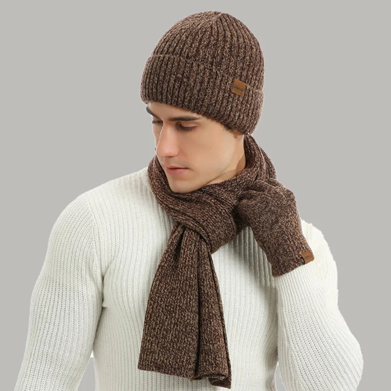 Heinz Grau Strickset Mütze Schal Handschuhe für Herren | Winter Dreiteiler Grobstrick Casual - Einheitsgrösse