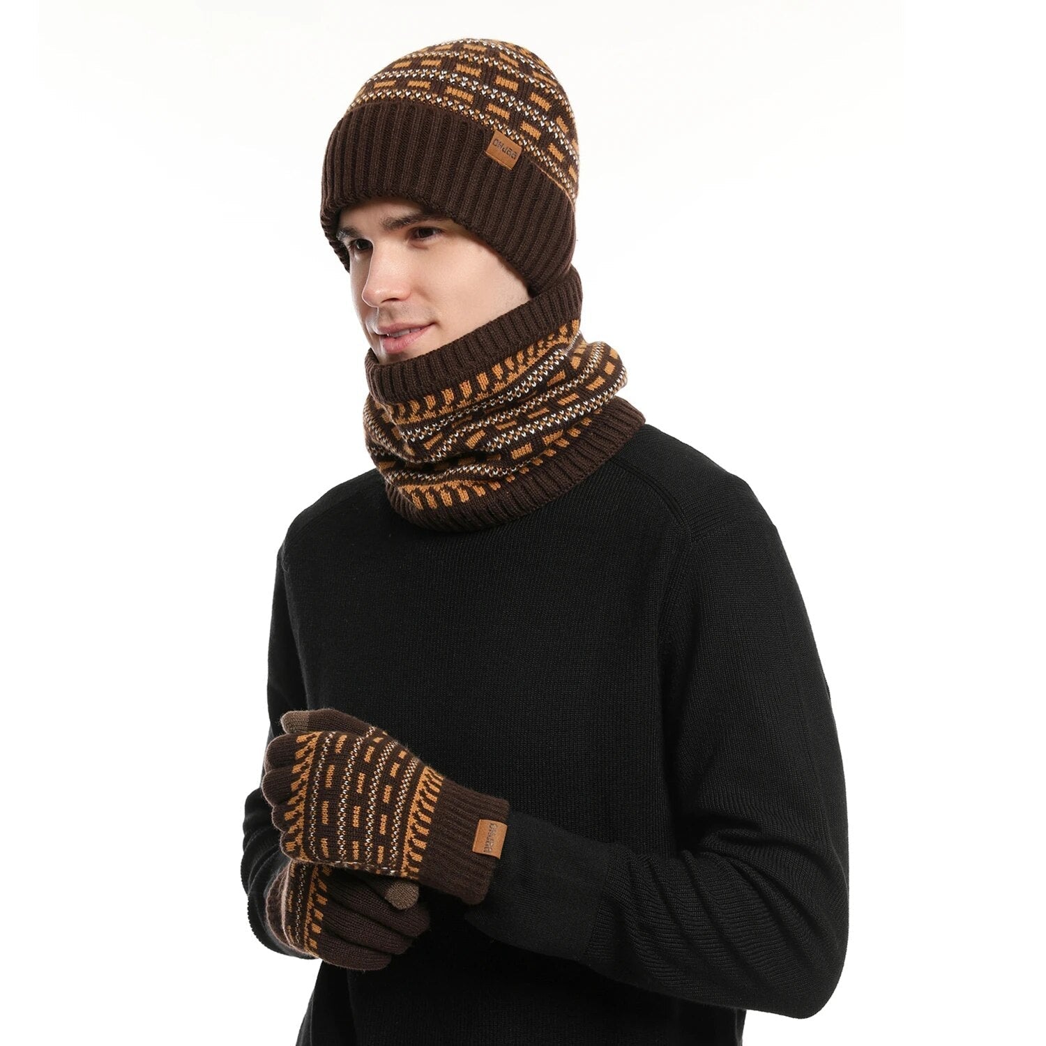 Theo Hellgrau Gefüttertes Strick-Winterset Mütze Schal Handschuhe für Herren | Winter Outdoor Casual - Einheitsgrösse