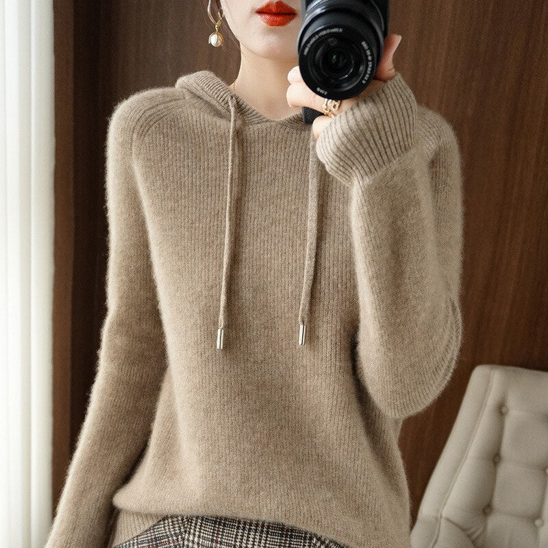 Waltraud Beige Weicher Strick-Kapuzenpullover für Damen | Relaxed Fit mit Kapuze Casual Winter - S/M/L/XL/2XL