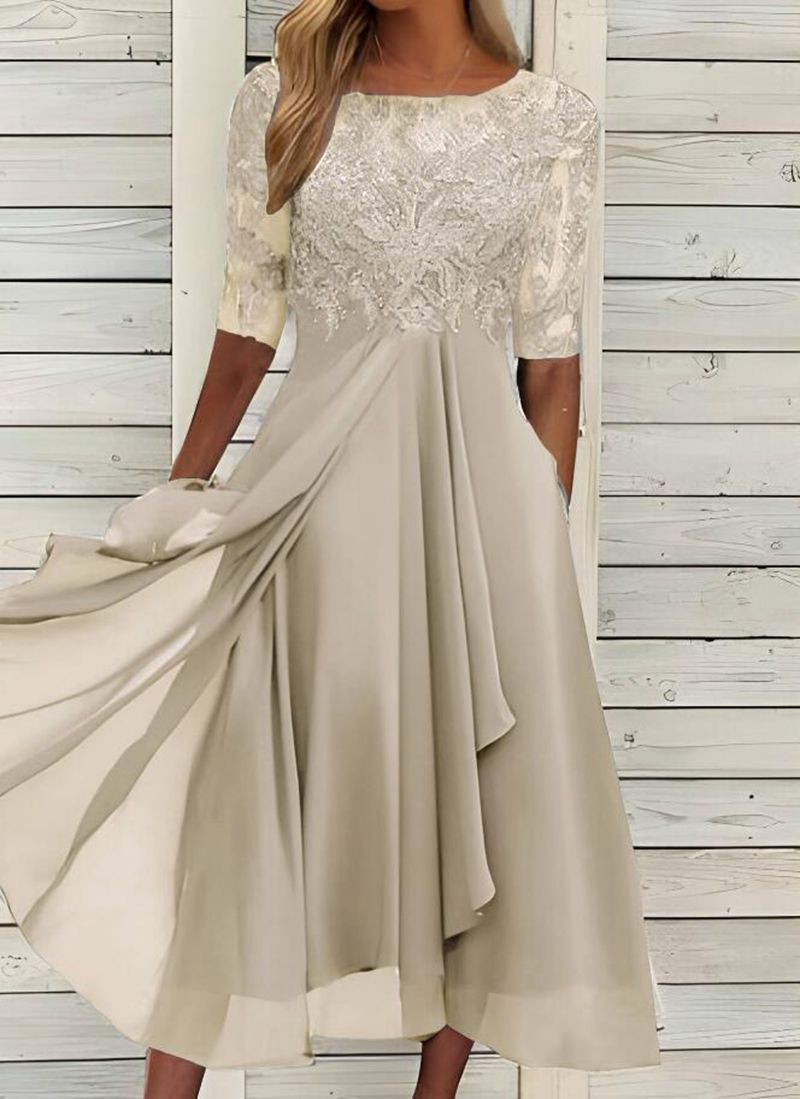 Rosemarie Grün Spitzen-Chiffon Midikleid für Damen | Elegante A-Linie | Hochzeit & Abendanlass - S/M/L/XL/2XL/3XL