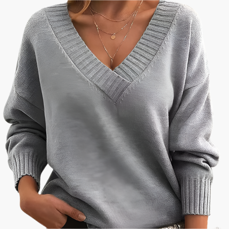 Waltraud Grau Strickpullover mit V-Ausschnitt für Damen | Langarm Winter Casual Büro - S/M/L/XL/2XL