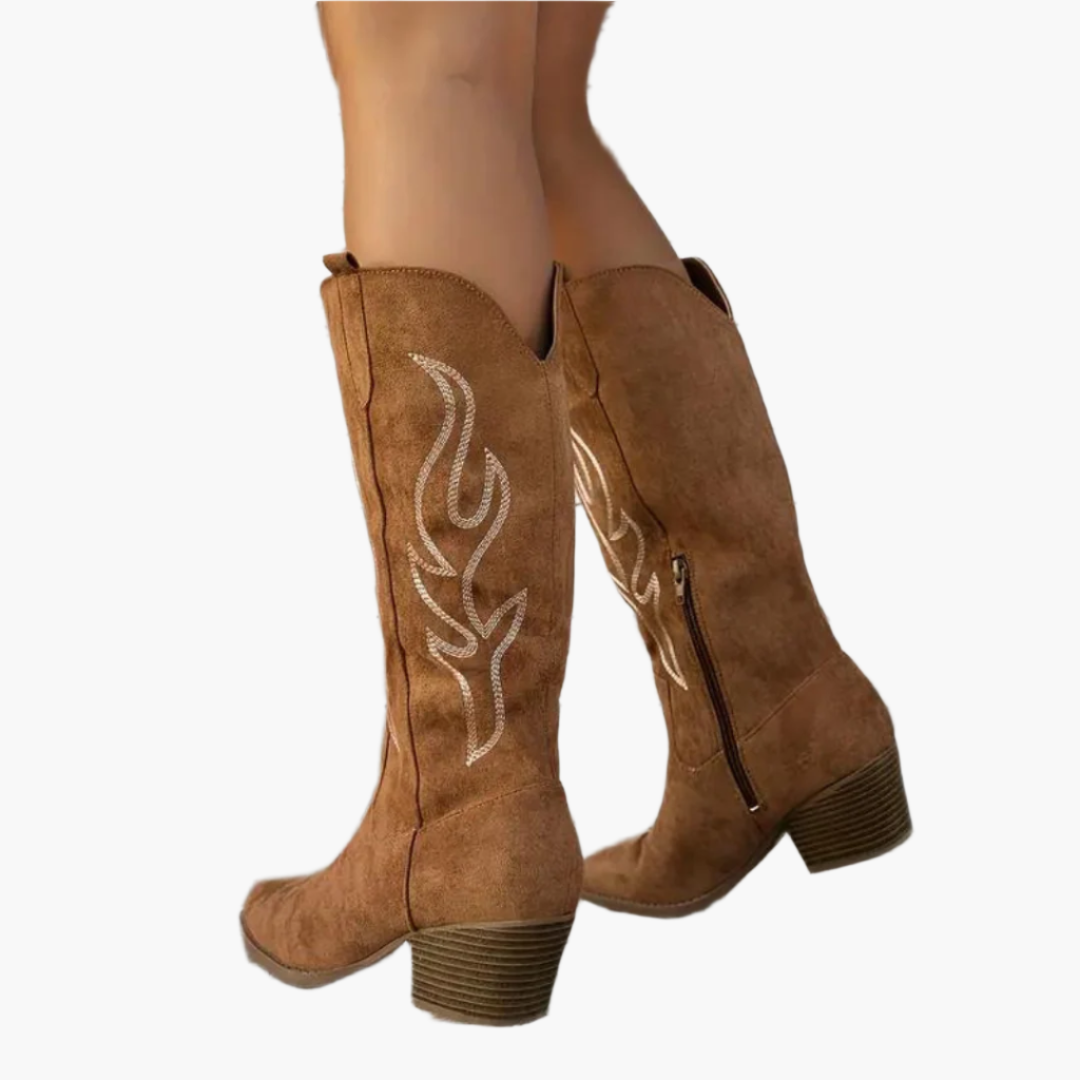 Ursula Schokolade Kniehohe Cowboystiefel in Veloursleder-Optik für Damen | Western Boho Stil mit Stickerei - EU 36-42