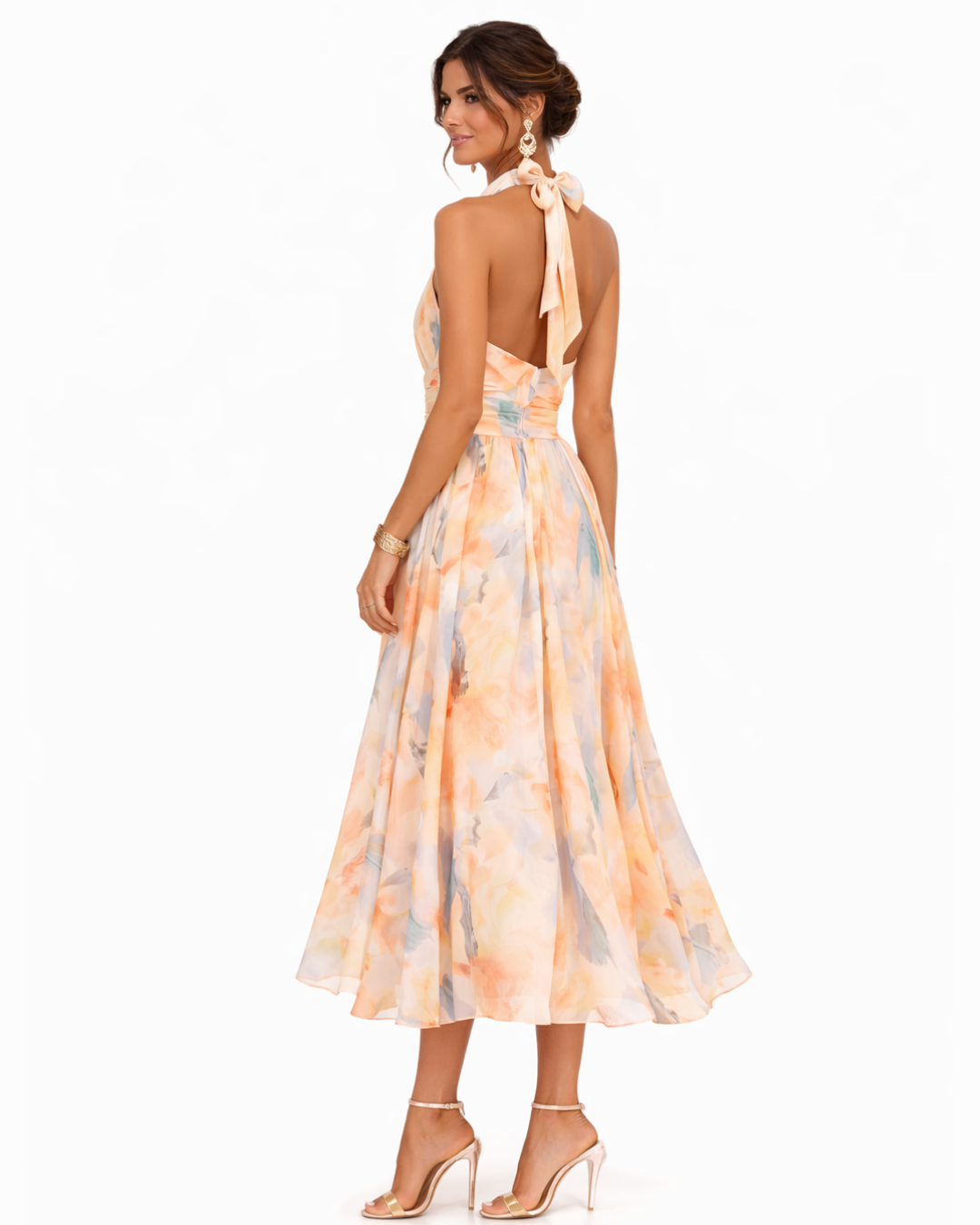 Rosemarie Peach Aquarell-Print Halter Neck Midi Kleid für Damen | Fliessende A-Linie | Hochzeit & Sommerfeier - S/M/L/XL/2XL/3XL