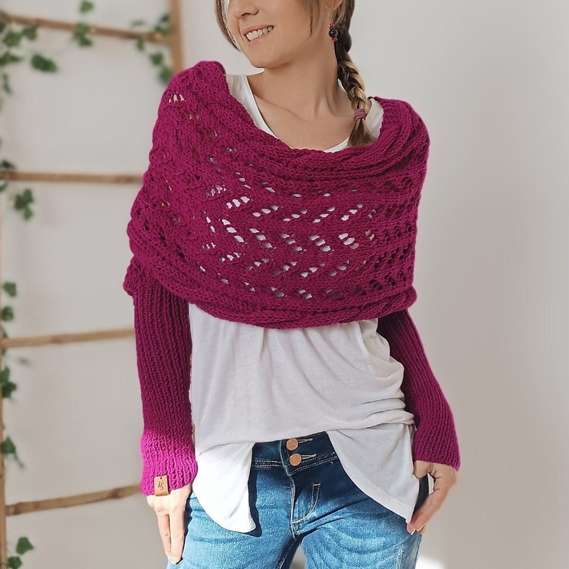 Vreni Hellgrau Gestrickter Schulterüberwurf mit Ärmeln und Lochmuster für Damen | Boho Casual Stil - S/M/L/XL
