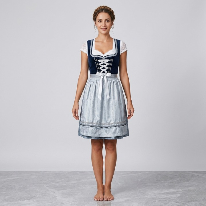 Lotte Dunkelblau Figurbetontes Dirndl mit Rüschenbluse für Damen | Trachtenkleid Oktoberfest Festlich - XS/S/M/L/XL/2XL/3XL/4XL