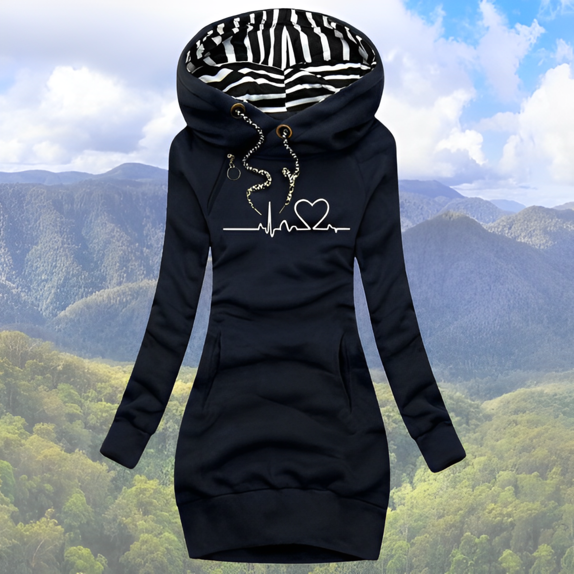Livia Armeegrün Longline Bedruckter Kapuzenpullover für Damen | Herz-EKG-Print Casual Hoodie-Kleid - S-3XL