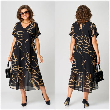 Rosemarie Schwarz Gold-Print Chiffon Midikleid für Damen | Fliessend Elegant | Curvy Plus Size - S/M/L/XL/2XL