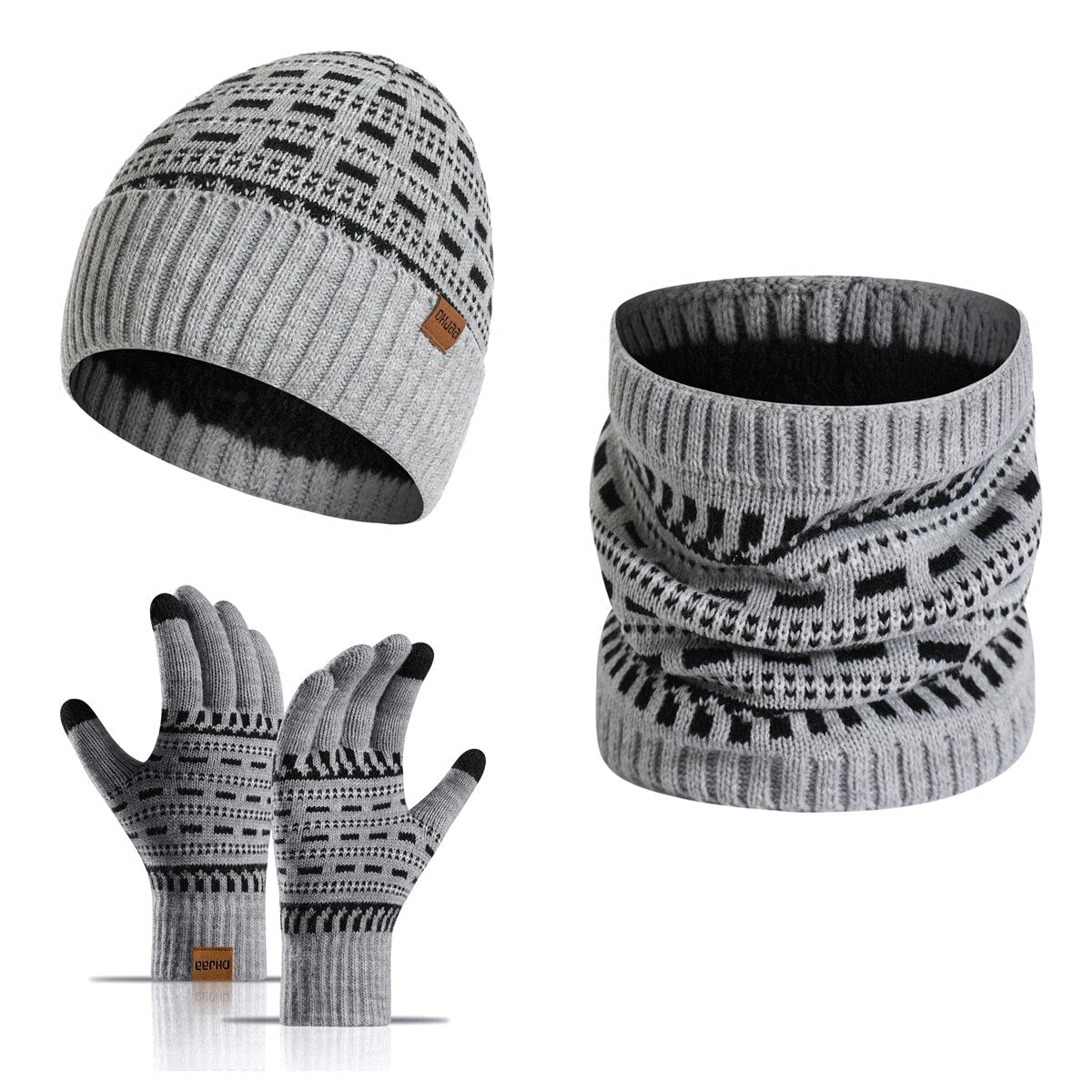 Theo Hellgrau Gefüttertes Strick-Winterset Mütze Schal Handschuhe für Herren | Winter Outdoor Casual - Einheitsgrösse