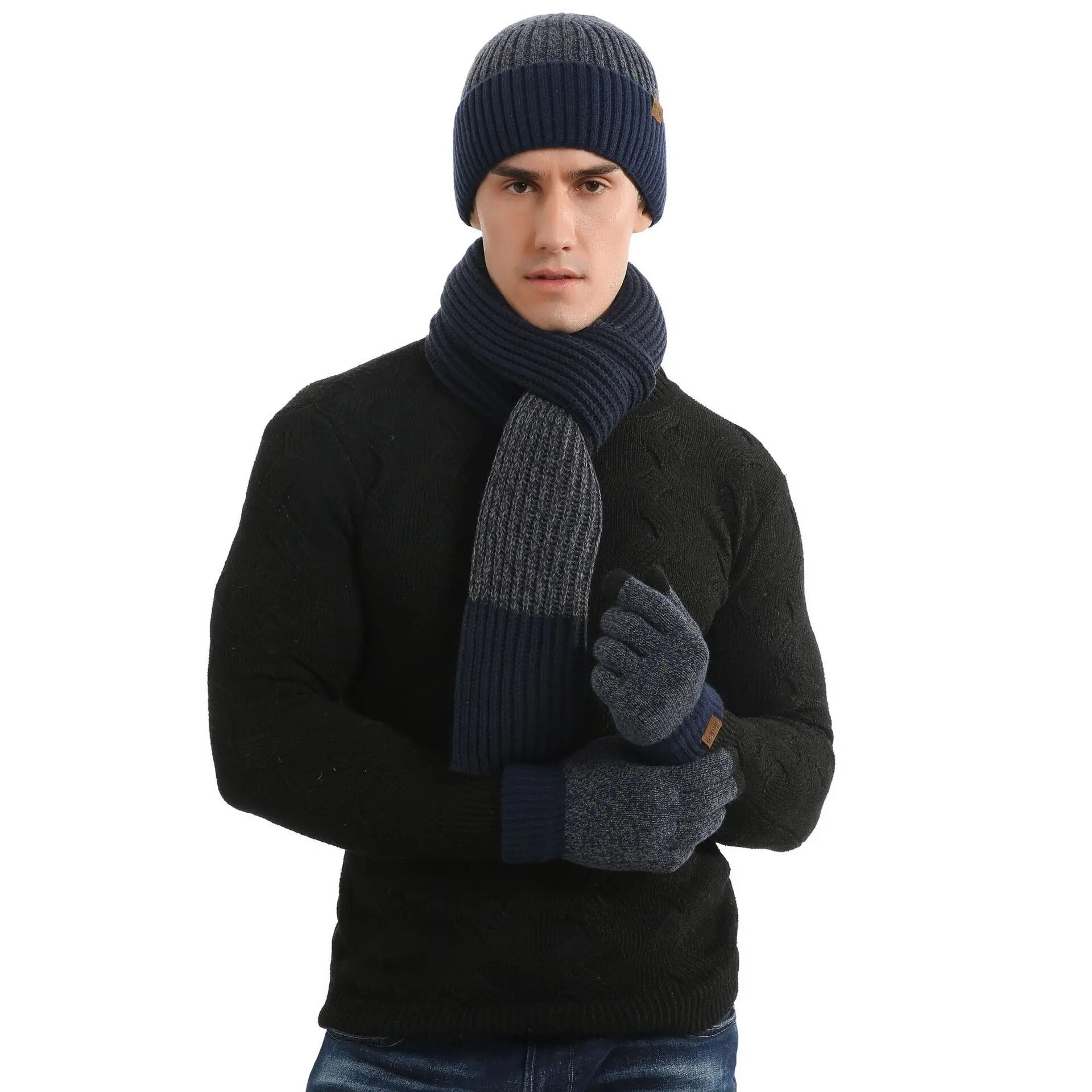 Werner Bordeaux Gestricktes Winter-Set Mütze Schal Handschuhe für Herren | Kontraststreifen Casual - Einheitsgrösse