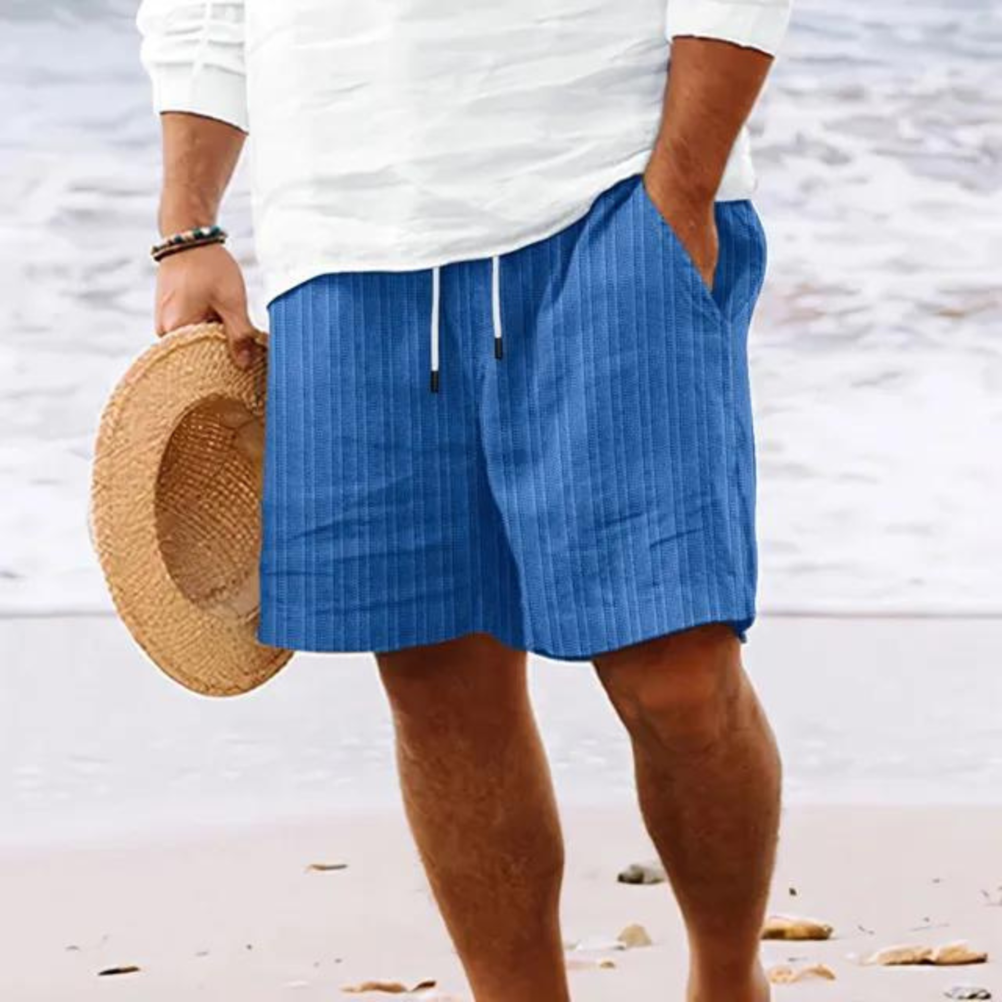 Werner Weiss Gestreifte Leinenoptik Shorts für Herren | Elastischer Bund Casual Fit | Strand und Freizeit - S-3XL