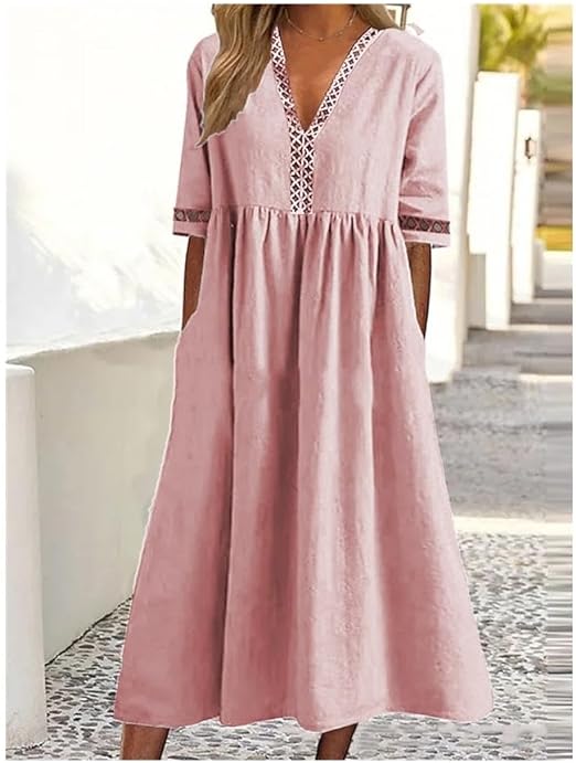 Renate Blau V-Ausschnitt Baumwoll-Leinen Maxikleid für Damen | Luftig Fliessend | Sommer - M/L/XL/2XL/3XL