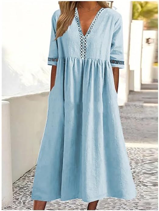 Renate Blau V-Ausschnitt Baumwoll-Leinen Maxikleid für Damen | Luftig Fliessend | Sommer - M/L/XL/2XL/3XL