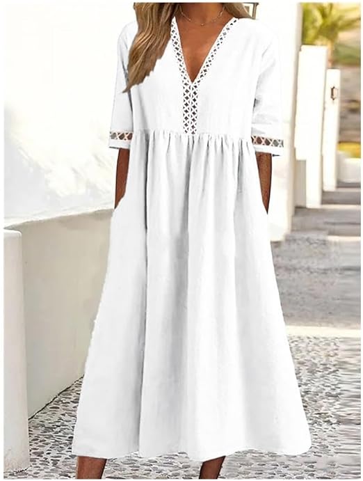 Renate Blau V-Ausschnitt Baumwoll-Leinen Maxikleid für Damen | Luftig Fliessend | Sommer - M/L/XL/2XL/3XL