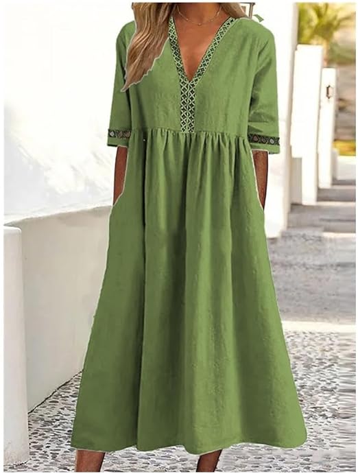 Renate Blau V-Ausschnitt Baumwoll-Leinen Maxikleid für Damen | Luftig Fliessend | Sommer - M/L/XL/2XL/3XL