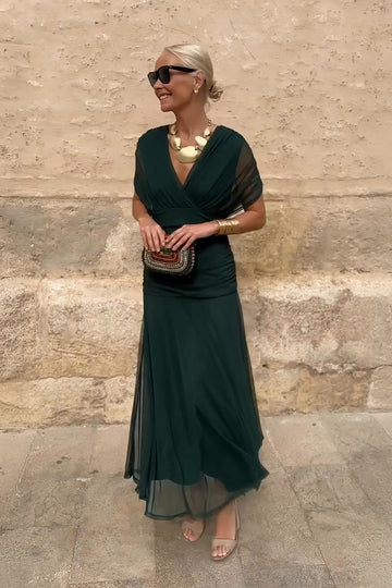 Sonja Smaragdgrün V-Ausschnitt Chiffon Maxikleid für Damen | Elegante Abendmode | Party und Hochzeit | Fliessende Silhouette - 8/10-22/24