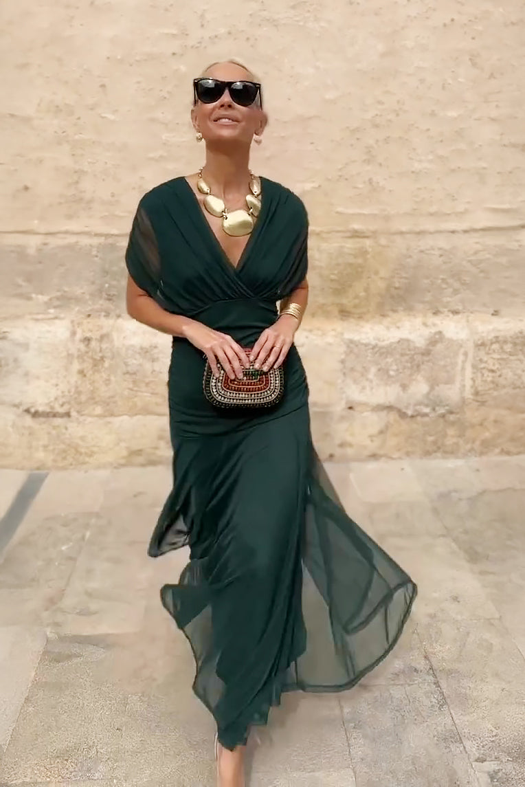 Sonja Smaragdgrün V-Ausschnitt Chiffon Maxikleid für Damen | Elegante Abendmode | Party und Hochzeit | Fliessende Silhouette - 8/10-22/24