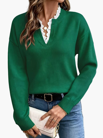 Renate Rosa Eleganter Strickpullover mit V-Ausschnitt und Spitzenbesatz für Damen | Herbst Winter Casual - XS/S/M/L/XL/XXL