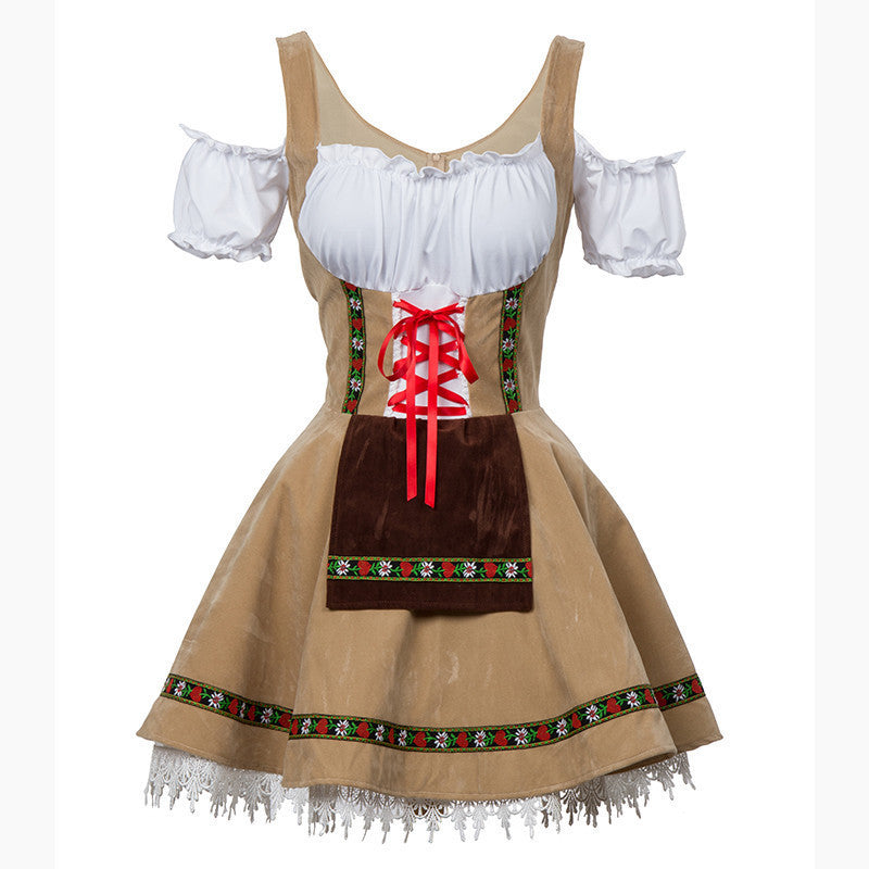 Vreni Beige Schulterfreies Dirndl Kleid mit Schnürmieder und Spitze für Damen | Oktoberfest Trachtenkleid - S/M/L/XL/2XL/3XL