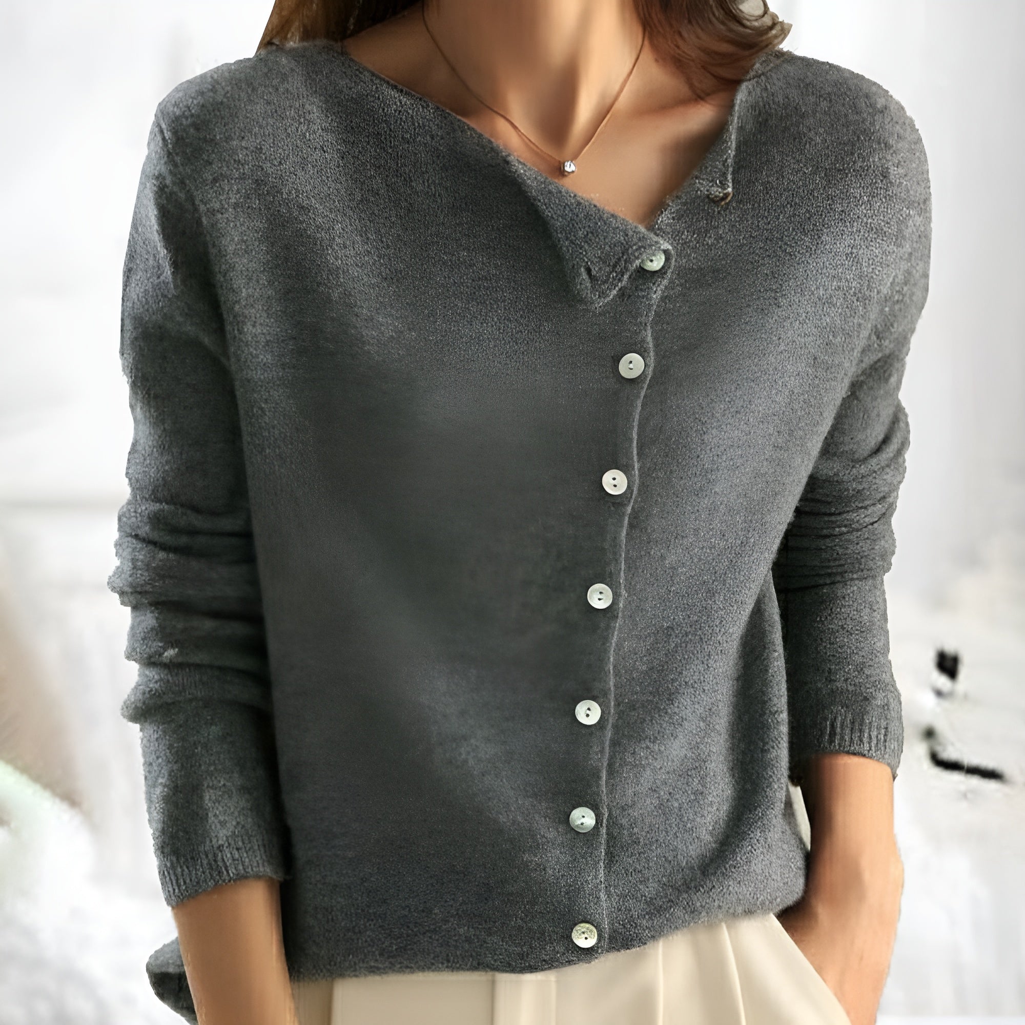 Vreni Grau Weiche Strickjacke mit Knöpfen für Damen | Casual Eleganter Stil - S/M/L/XL/2XL/3XL