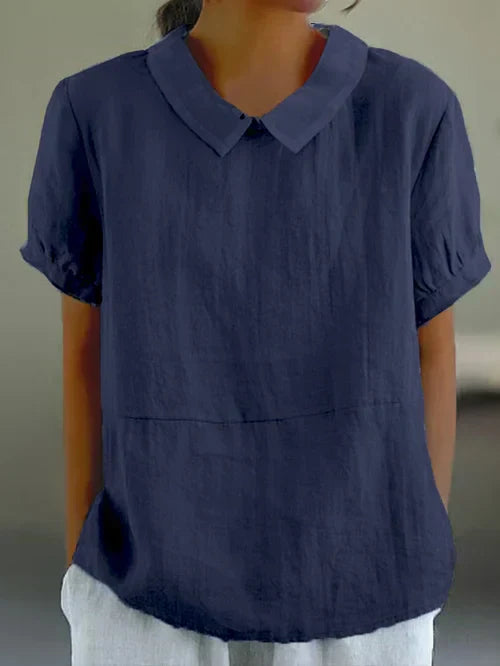 Monika Blau Leinen-Bluse mit Rundkragen für Damen | Luftig Entspannter Schnitt | Alltag & Büro | Kurzarm - S/M/L/XL/2XL/3XL