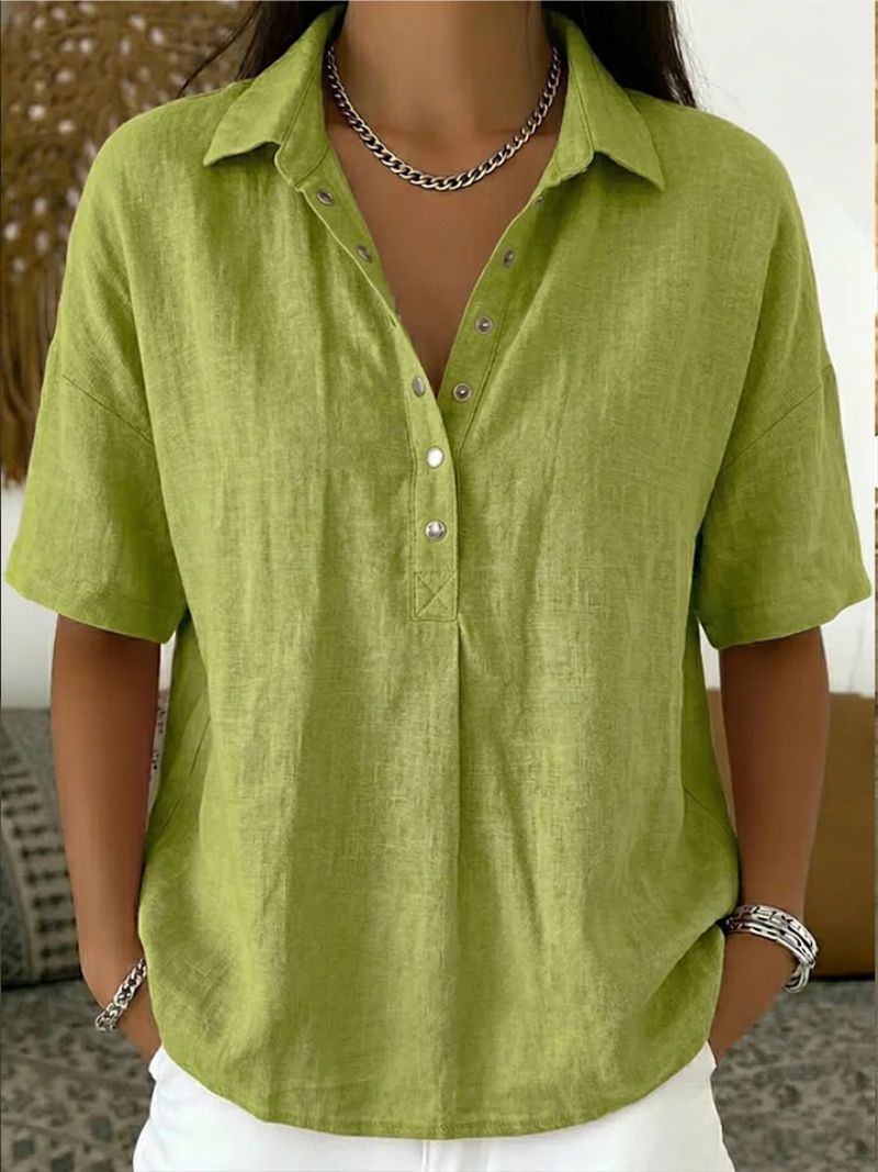 Katharina Khaki Leinenoptik Kurzarm-Bluse für Damen | Leicht Relaxed Fit | Alltag und Urlaub | 7 Farben - S-3XL