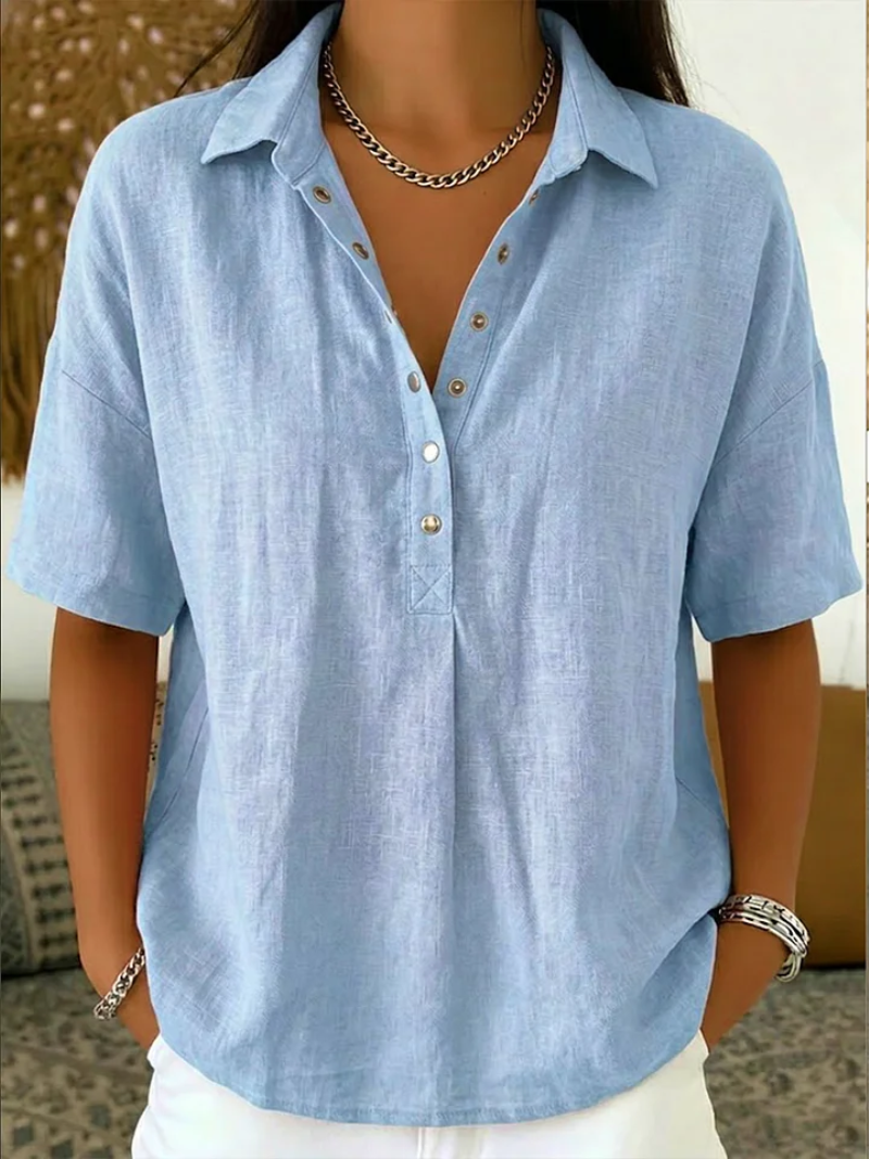 Katharina Khaki Leinenoptik Kurzarm-Bluse für Damen | Leicht Relaxed Fit | Alltag und Urlaub | 7 Farben - S-3XL
