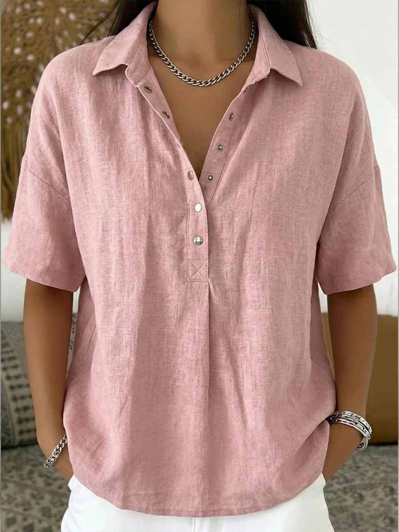 Katharina Khaki Leinenoptik Kurzarm-Bluse für Damen | Leicht Relaxed Fit | Alltag und Urlaub | 7 Farben - S-3XL