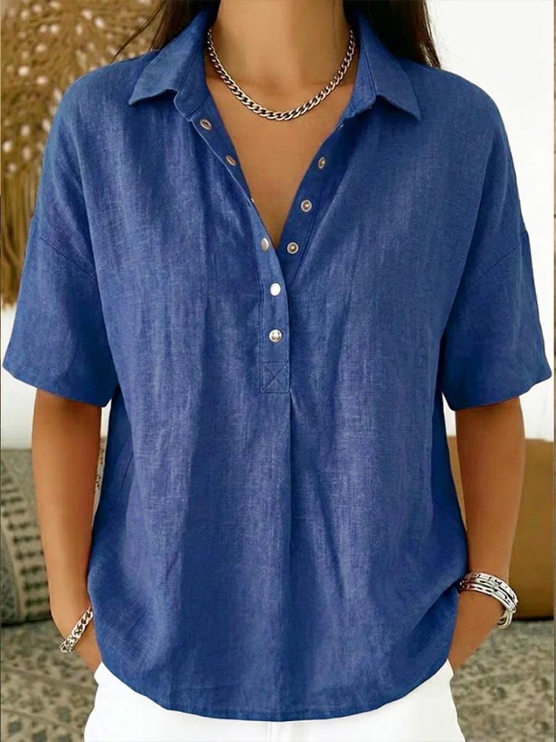 Katharina Khaki Leinenoptik Kurzarm-Bluse für Damen | Leicht Relaxed Fit | Alltag und Urlaub | 7 Farben - S-3XL
