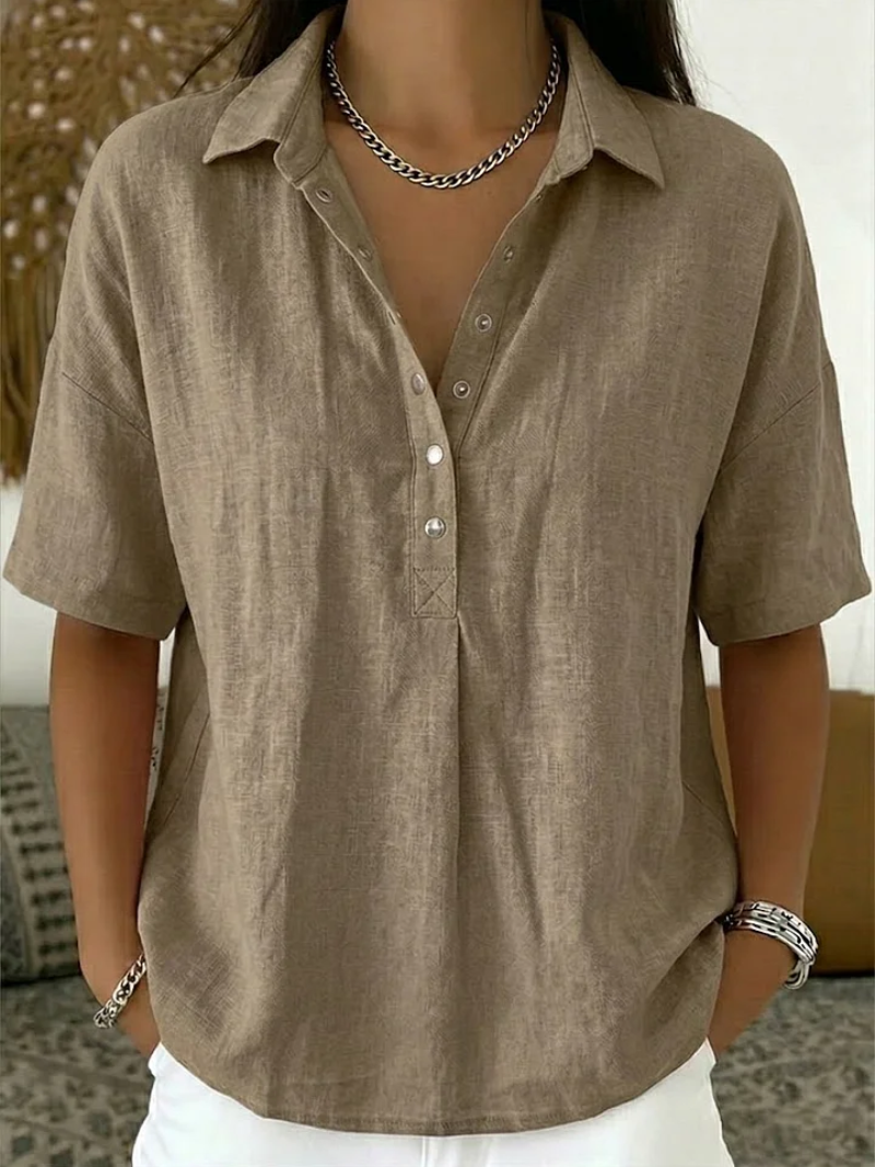 Katharina Khaki Leinenoptik Kurzarm-Bluse für Damen | Leicht Relaxed Fit | Alltag und Urlaub | 7 Farben - S-3XL