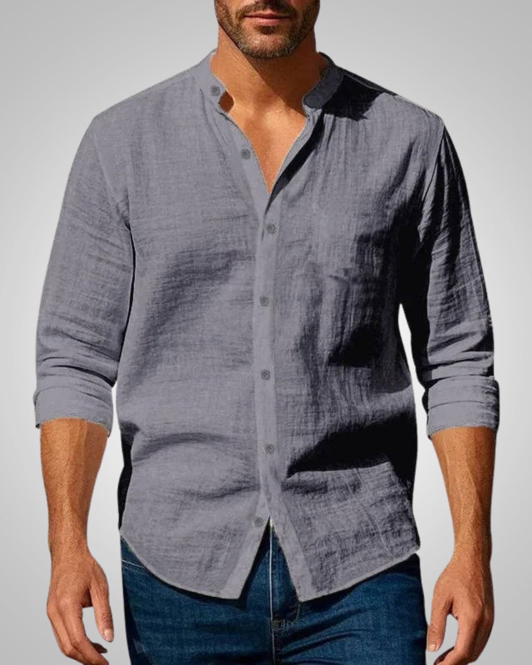 Heinz Grau Stehkragen Slim Fit Leinenoptik Hemd für Herren | Casual Sommerhemd - M/L/XL/2XL/3XL/4XL