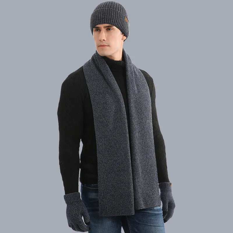 Heinz Grau Strickset Mütze Schal Handschuhe für Herren | Winter Dreiteiler Grobstrick Casual - Einheitsgrösse