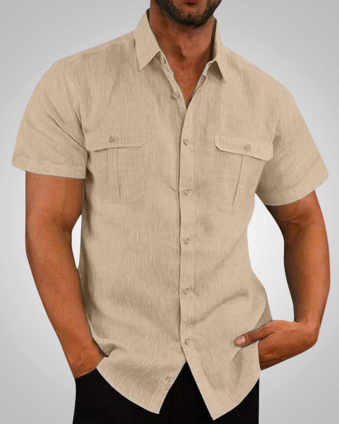 Beat Hellblau Leinenoptik Kurzarm-Hemd mit Brusttaschen für Herren | Casual Relaxed Fit - M/L/XL/2XL/3XL/4XL/5XL