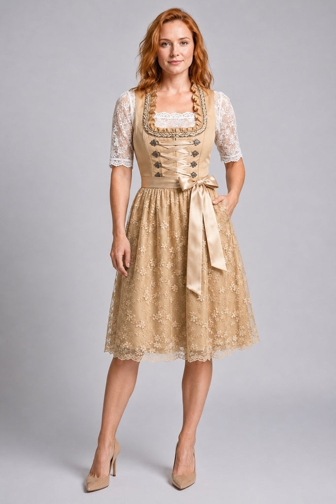 Barbara Champagner Geblümtes Spitzen-Dirndlkleid für Damen | Oktoberfest Trachten Festlich - S/M/L/XL/2XL/3XL/4XL/5XL