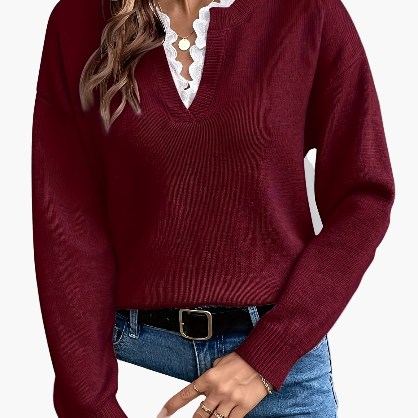 Renate Rosa Eleganter Strickpullover mit V-Ausschnitt und Spitzenbesatz für Damen | Herbst Winter Casual - XS/S/M/L/XL/XXL