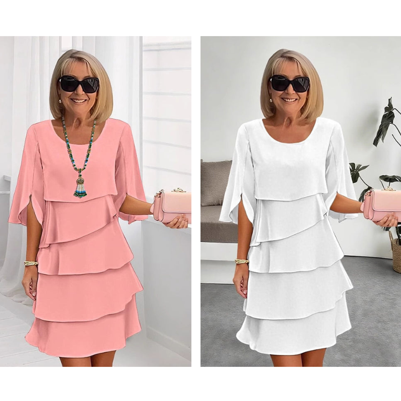 Monika Blau Gestuftes Rüschen-Kleid mit Flutter-Ärmeln für Damen | Leicht Fliessend | Alltag & Events - S/M/L/XL/2XL/3XL