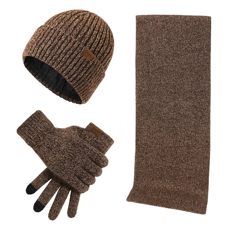 Heinz Grau Strickset Mütze Schal Handschuhe für Herren | Winter Dreiteiler Grobstrick Casual - Einheitsgrösse